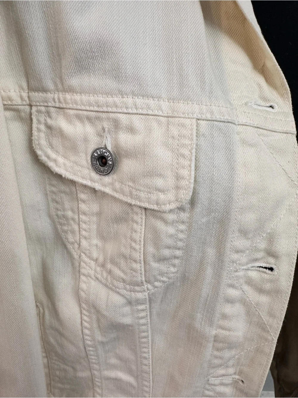 Vintage Lucky Brand Cream Denim Jacket with Pink & Multi-Color Floral Embroidery